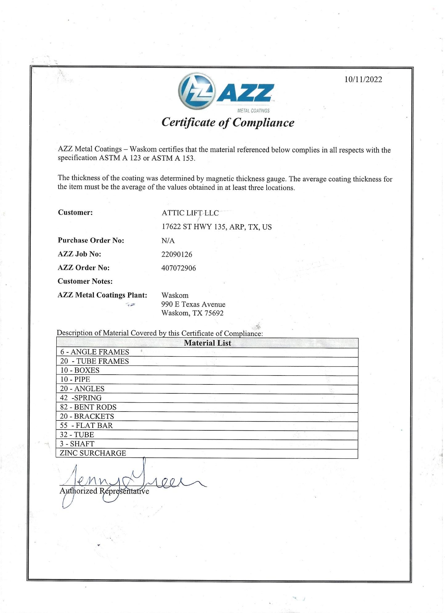 Certificate of Compliance from AZZ Metal Coatings verifying ASTM A 123/A 153 standards for Attic Lift components