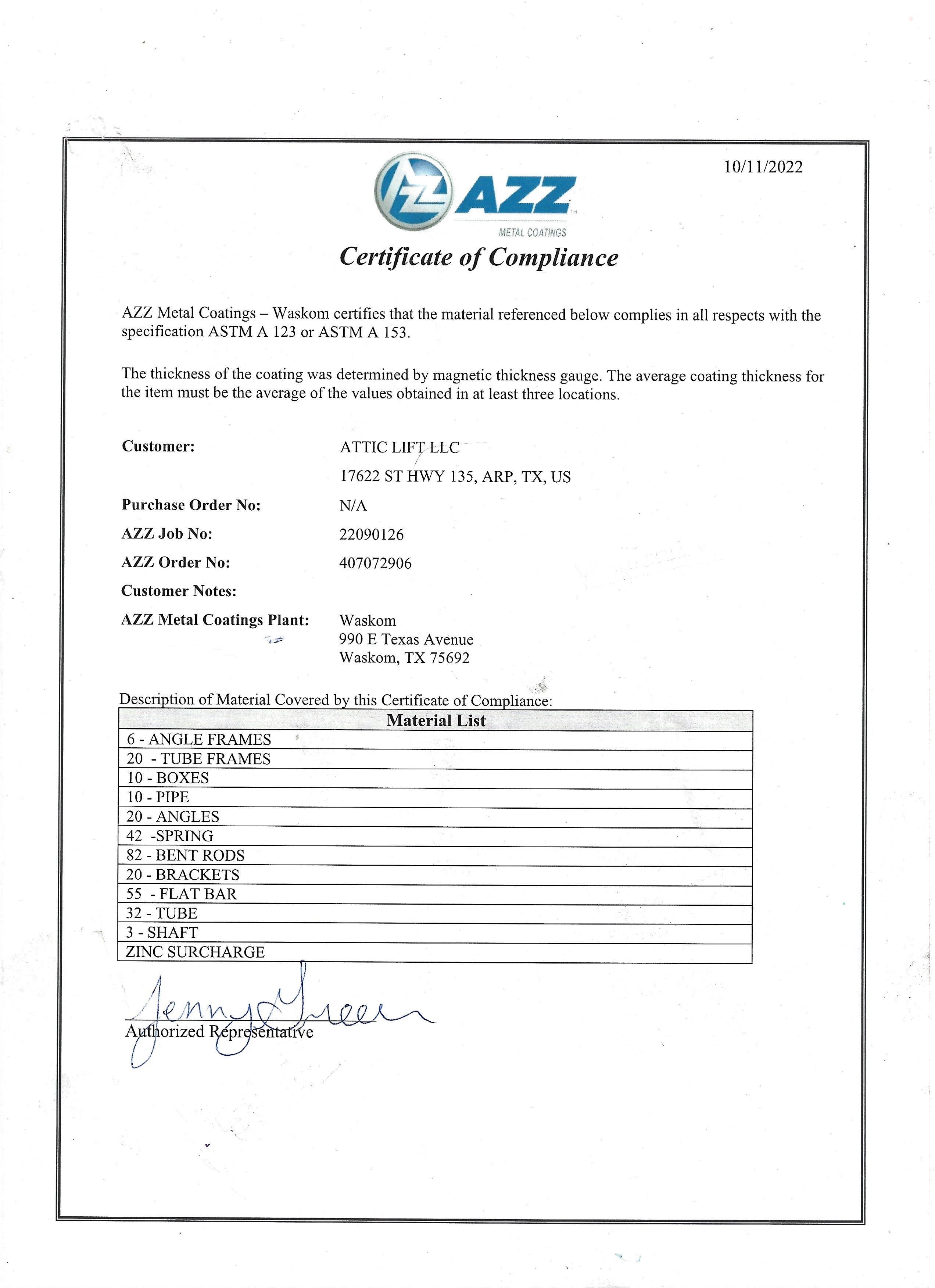 Certificate of Compliance from AZZ Metal Coatings verifying ASTM A 123/A 153 standards for Attic Lift components